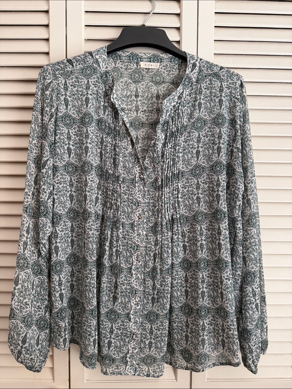 Kori Teal Printed Pintuck Peasant Blouse